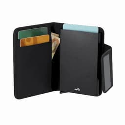 A black RFID business card holder with multiple card slots and a compartment for cash. Features a sleek design.