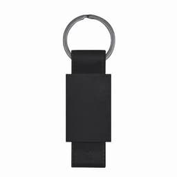 A keychain featuring a black leather strap with a metal ring for attachment. It has a simplistic design.