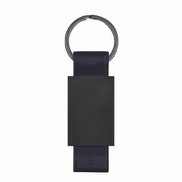A keyring holder featuring a dark blue leather strap and a silver keyring, with a rectangular black section.