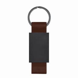 A leather keyring with a brown strap and a black rectangular section, featuring a silver metal keyring.