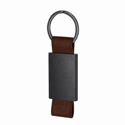 A keyring featuring a rectangular metal plate and a brown leather strap. The keyring has a circular metal ring.