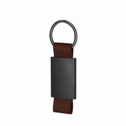 A keyring with a dark metal rectangular tag and a brown leather strap. It features a circular attachment ring.