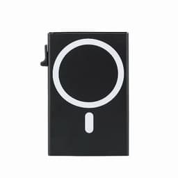 A black promotional product featuring a circular logo design and a clip on the side.