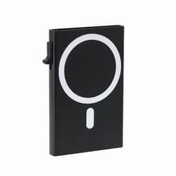 A black promotional product with a white logo design. It has a slim, rectangular shape with a clip.