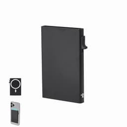 A black RFID blocking wallet with a clip, alongside a phone with a magnetic card holder.