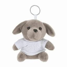 A soft grey dog plush keychain with a white shirt and a loop for attaching to bags or keys.