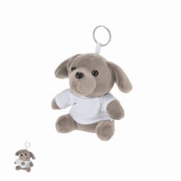 A grey plush dog keychain wearing a white shirt, featuring large black eyes and a soft body.