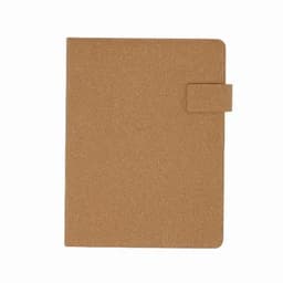 A notebook in a tan cork finish with a flap closure, featuring a simple, minimalist design.