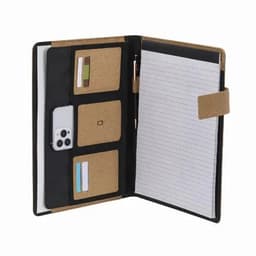 A notebook with a black cover, cork interior, card slots, a pen holder, and lined pages. It has a mobile phone pocket.