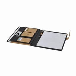A document folder with a black exterior, containing card slots, a pen, and lined paper. It has a logo on the cover.