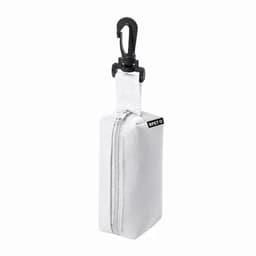 A white zippered pouch with a clip, featuring a textured fabric and a sturdy design. It has a logo tag on the side.