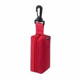 A red storage pouch with a clip and zipper, made from durable material. Features branding on the side.