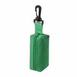 A green rectangular pouch with a zip closure and a clip attachment. It features fabric made from recycled materials.