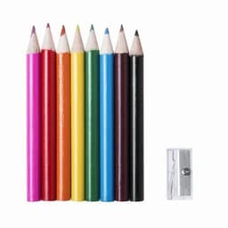 A set of eight coloured pencils in pink, orange, yellow, green, blue, purple, and black, along with a sharpener.