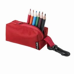 A red pencil case featuring several coloured pencils including blue, green, yellow, and pink, with a clip attachment.