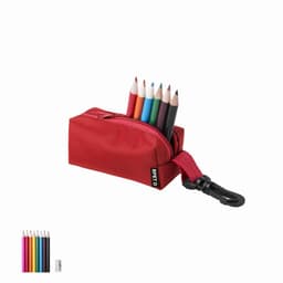 A red pencil case holds coloured pencils, featuring various hues, and has a logo on one side.