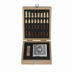 A wooden chess set in a box, featuring light and dark pieces, dice, and a deck of cards.