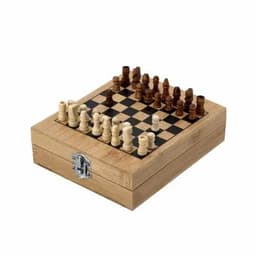 A wooden chess set with light and dark pieces on a checkered board, housed in a box.