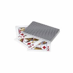 A deck of playing cards with a grey patterned box and cards showing a King and a Jack of diamonds.