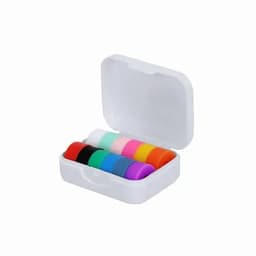 A closed white case containing eight vibrant clay colours: pink, orange, yellow, green, blue, black, white, and red.