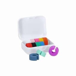 A storage case containing various colourful silicone rings in red, pink, black, green, blue, and purple.