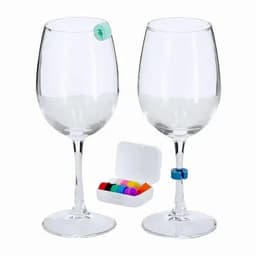 A set of clear wine glasses with colourful markers, alongside a case containing additional markers.