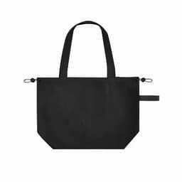 A black tote bag with two handles and a simple, minimalist design. It features an attached loop for additional functionality.