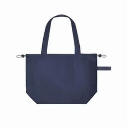 A navy blue tote bag with two handles and a simple design, featuring drawstring closures on the sides.