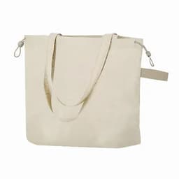 A tote bag in cream colour with long handles and a simple design. It features a branding logo.
