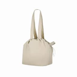 A tote bag in a light beige colour with long handles and a drawstring closure. It features a simple design and a logo.