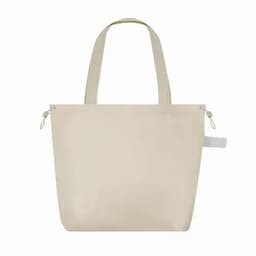 A tote bag in a light beige colour featuring dual handles and a minimalist design with zippers on the sides.