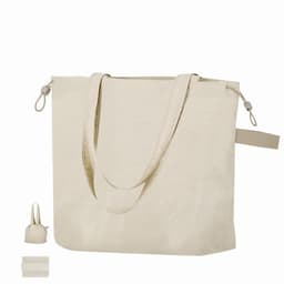 A tote bag in cream with long handles, featuring a small foldable pouch for compact storage.
