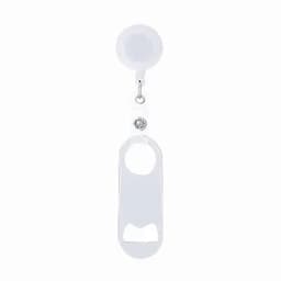 A bottle opener keychain in white, featuring a circular attachment and a hook for convenience.
