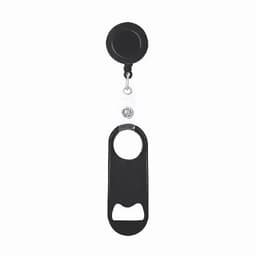 A drink bottle opener in black features a retractable reel for easy access. It has a circular mounting base.
