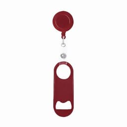 A drink bottle opener with a retractable reel, featuring a deep red colour and a circular attachment at the top.