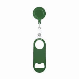 A bottle opener on a retractable reel in green, with a circular attachment at the top.