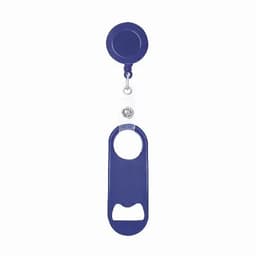 A blue retractable badge holder with a bottle opener feature, attached by a clear cord.