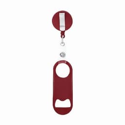 A bottle opener in burgundy with a metal clip for attachment, featuring a circular top and traditional bottle opener design.