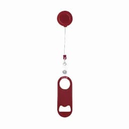 A drink bottle opener in deep red, featuring a retractable cord and a circular attachment for convenience.