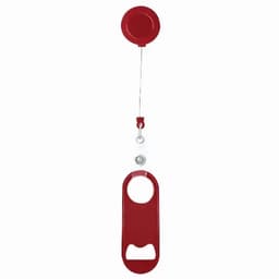 A drink bottle opener in red, featuring a retractable cord and a bottle opener at the end. It has a branding logo.