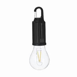 A hanging light bulb with a black plastic base and a clear glass bulb, featuring a hook for attachment.