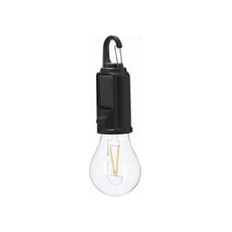 A light bulb with a black hook and base, featuring a clear glass design and visible filaments inside.