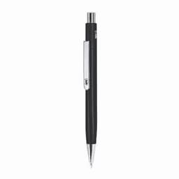 A black pen with a silver clip and tip, featuring a simple design and branding on the barrel.