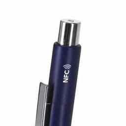 A pen in navy blue with a silver top and a clip, featuring an NFC logo.