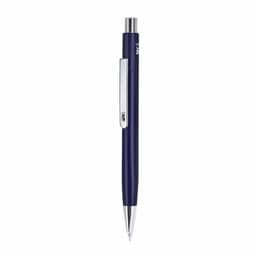 A blue pen with a silver clip and tip, featuring a simple design and smooth finish.