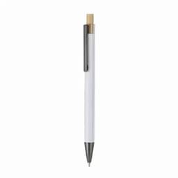 A pen with a white barrel, a gold clip, and a black tip. It features a simple, sleek design.