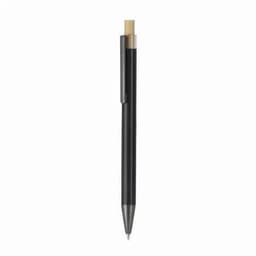 A black pen with a bamboo accent and a silver tip, featuring a clip and sleek design.