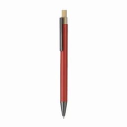 A pen with a red barrel, metallic clip, and a silver tip, featuring a simple design.