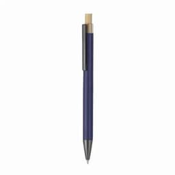A ballpoint pen with a dark blue barrel, a silver nib, and a gold clip. The pen features a sleek design.
