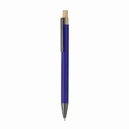 A blue ballpoint pen with a silver clip and a wooden top. It features a simple and elegant design.